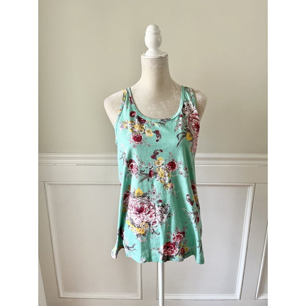 Venley Aqua Floral Print Racerback Tank Top 100% Cotton Medium Made In USA NWOT